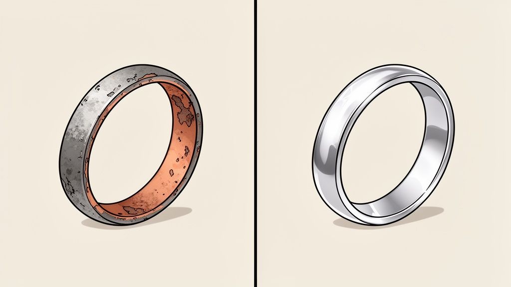 Two rings side-by-side: one dull and corroded, the other shiny and silver-plated, showing a comparison.