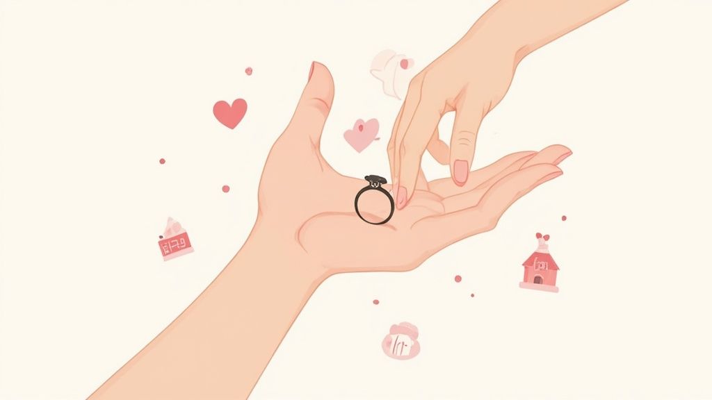 A romantic illustration of hands holding a wedding ring, symbolizing love and commitment.
