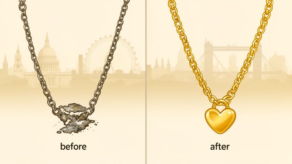Before and after image of a tarnished chain transforming into a shiny gold heart necklace in London.