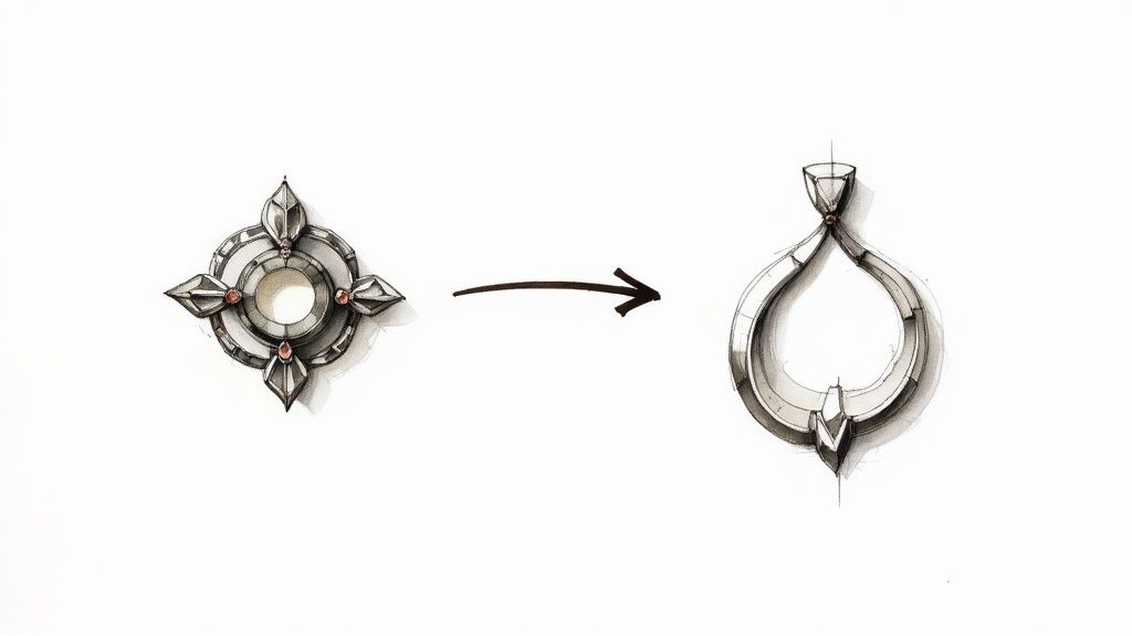 A collection of beautifully remodelled rings and pendants displayed on a velvet surface, showcasing a mix of modern and vintage styles.