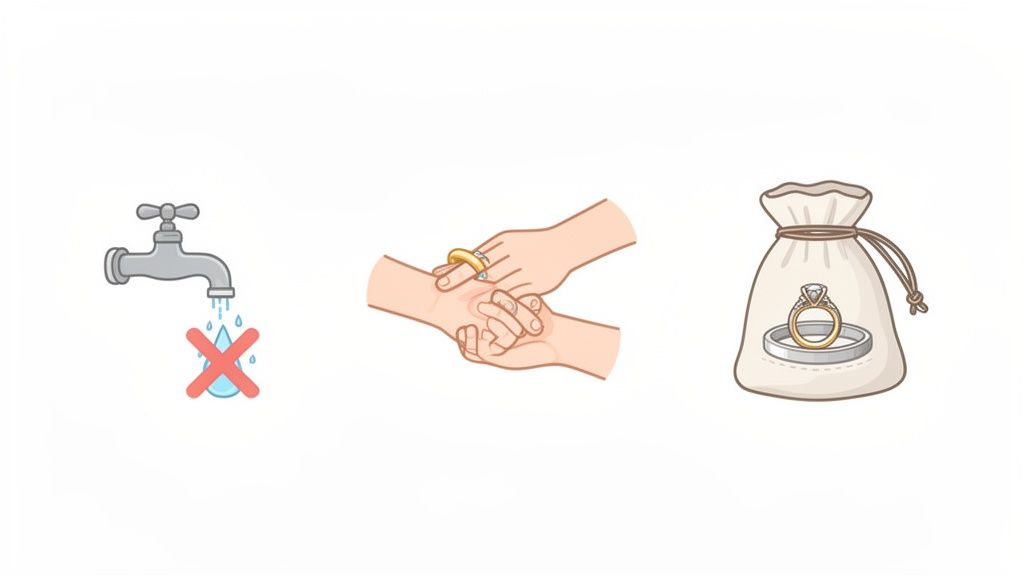 Three icons illustrating jewelry care: avoid water, gentle handling, and proper storage in a pouch.