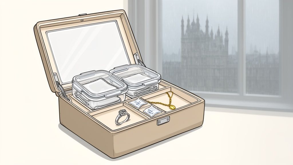 An open jewelry box displays containers, a ring, a necklace, and desiccant packets to prevent tarnishing.