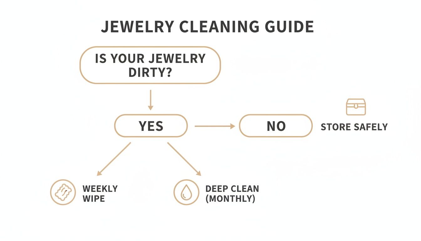 A flowchart guide for jewelry cleaning, advising weekly wipes, monthly deep cleans, or safe storage.