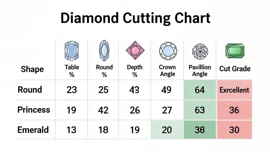 Table detailing diamond cutting specifications for Round, Princess, and Emerald shapes, including angles and percentages.