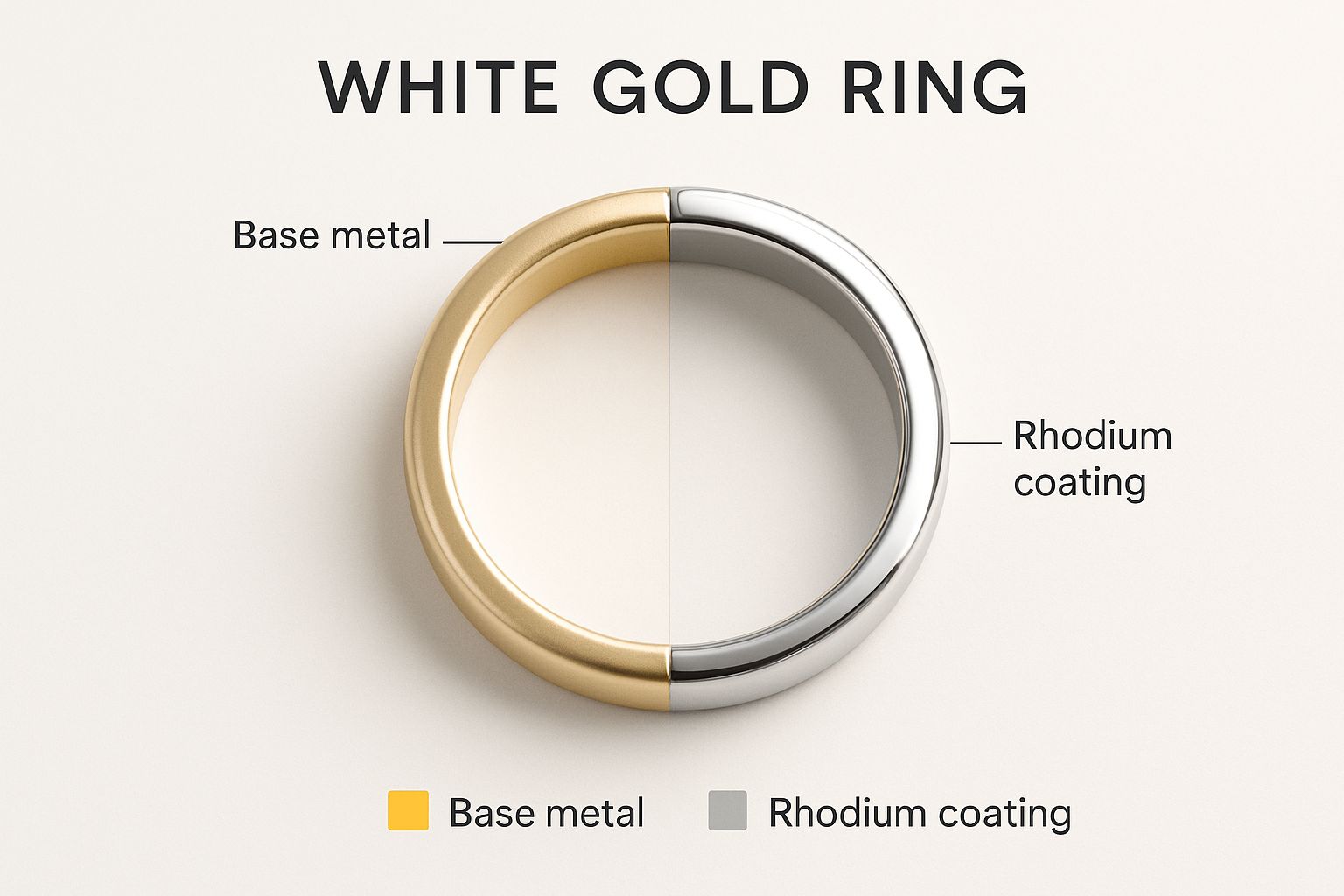 An infographic showing a white gold ring half-plated with rhodium, contrasting the faint yellow base with the bright white coating.