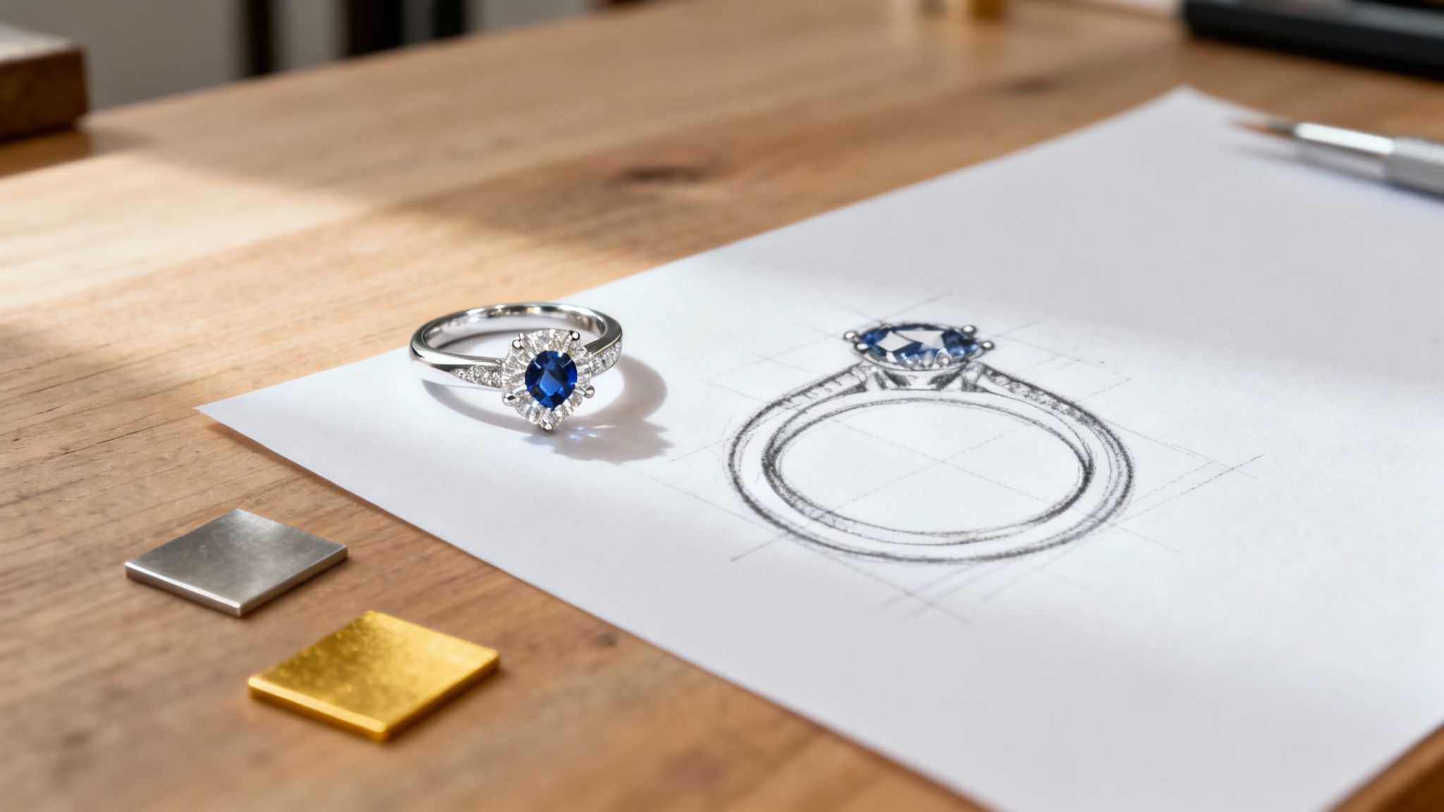 A custom diamond and sapphire engagement ring being held up to the light.