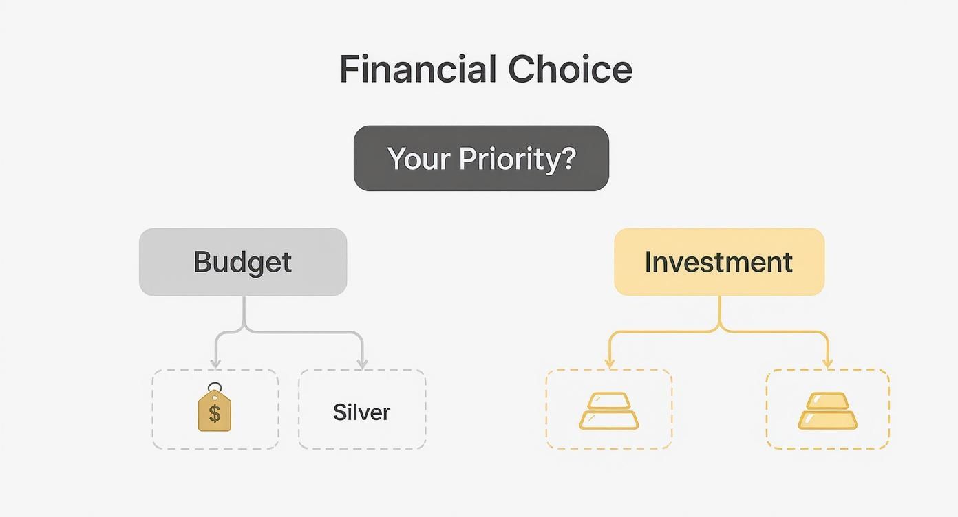 Financial decision flowchart comparing budget and investment priorities with silver and gold options