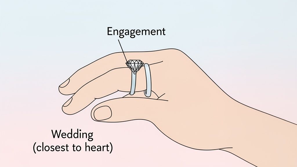 Illustration of a hand wearing an engagement ring and a wedding ring, showing their typical placement.