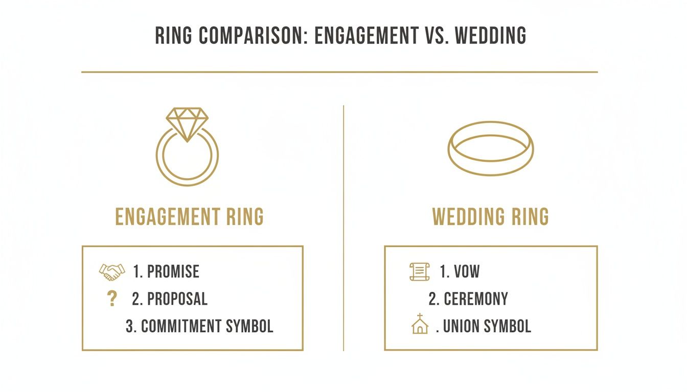 Infographic comparing an engagement ring with a wedding ring, detailing their meanings and occasions.
