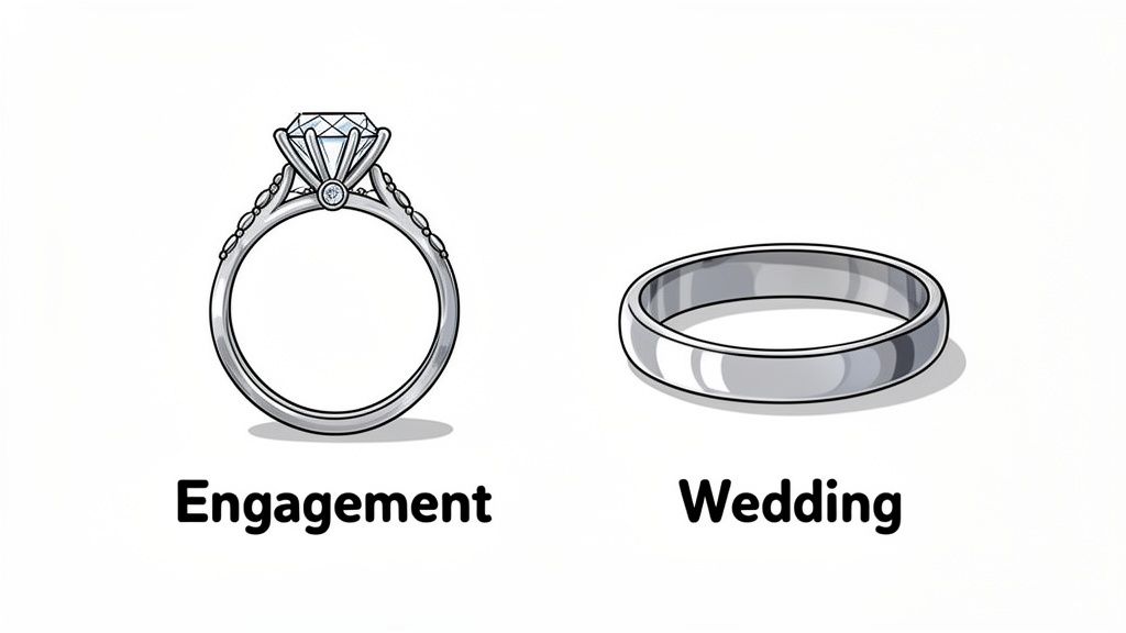 An engagement ring with a large diamond is shown next to a simple, plain wedding band.