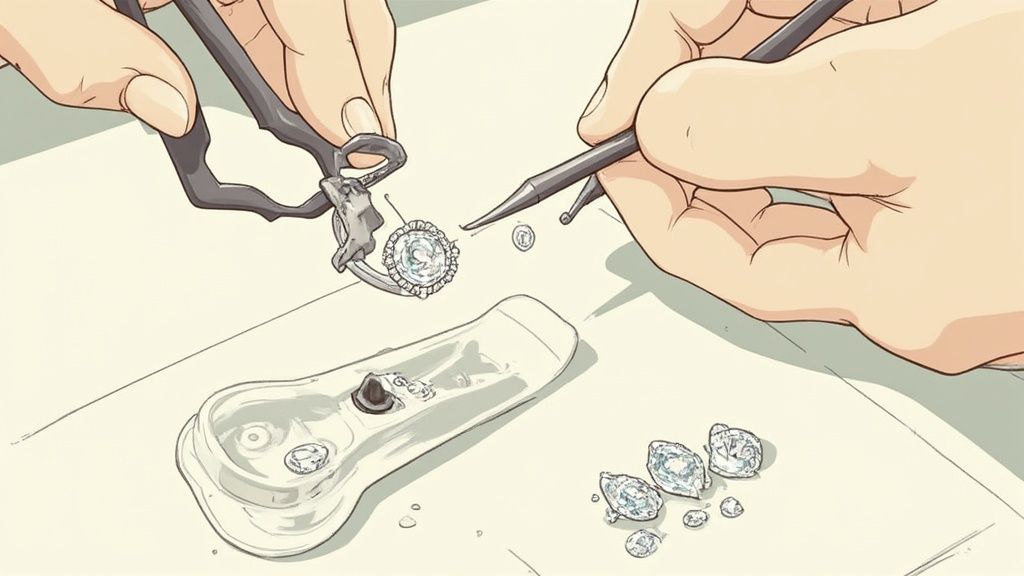 Close-up of a jeweler's hands using specialized tools to set sparkling diamonds into an ornate ring.