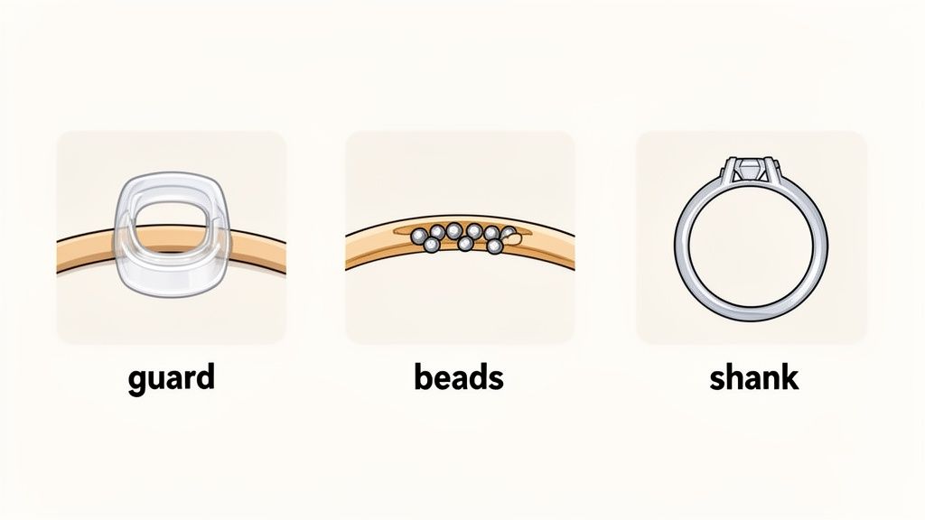 Illustrations of three ring sizing methods: a clear guard, sizing beads, and adjusting the shank.