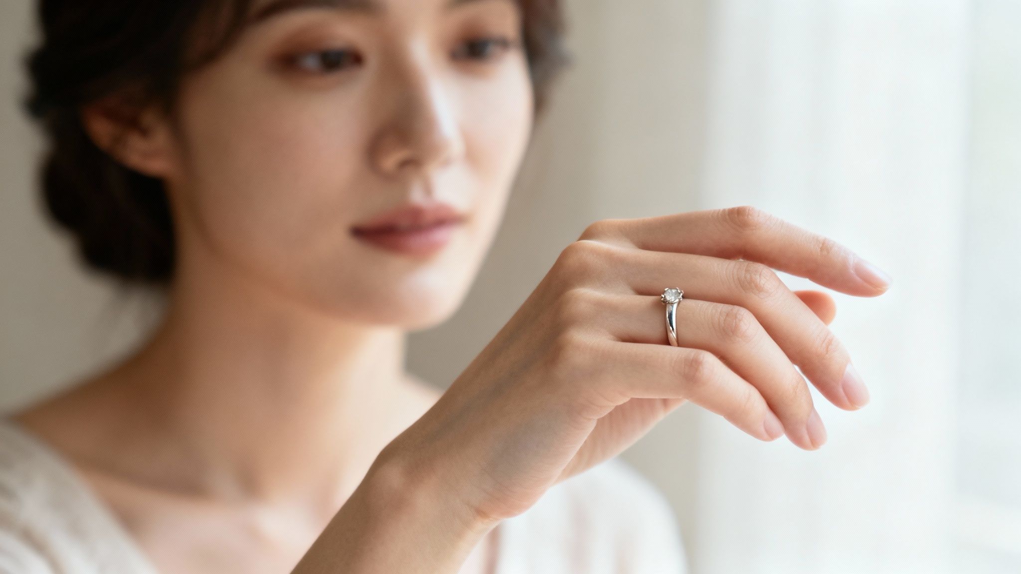 Two wedding rings linked together on a textured surface
