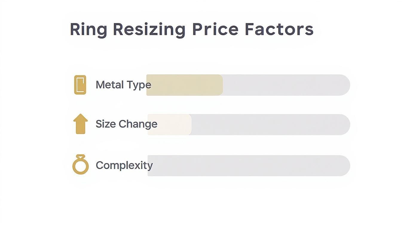 Infographic showing that the main factors affecting ring resizing costs are the metal type, the size change needed, and the complexity of the ring's design.