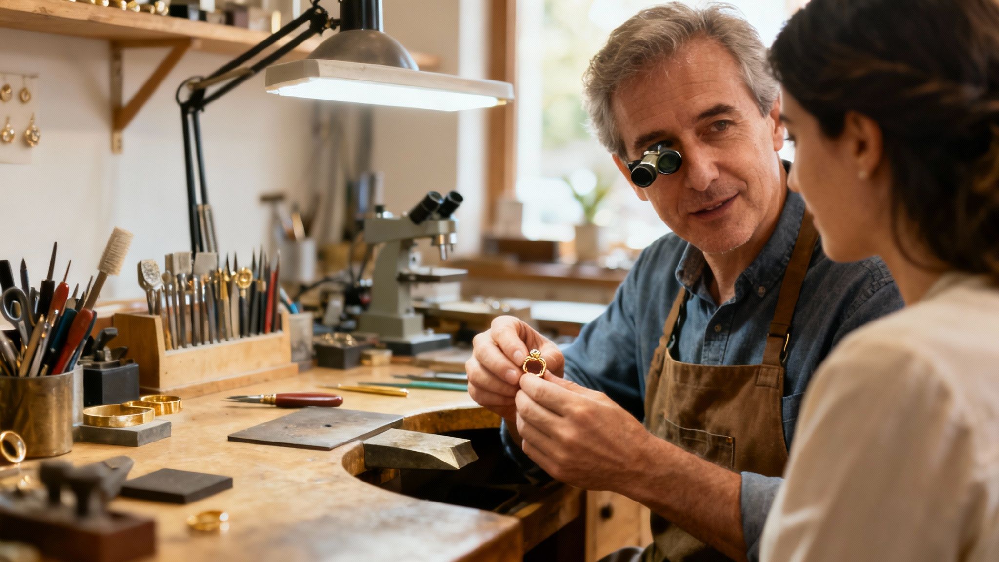 A jeweller's hands holding a ring up to the light for inspection