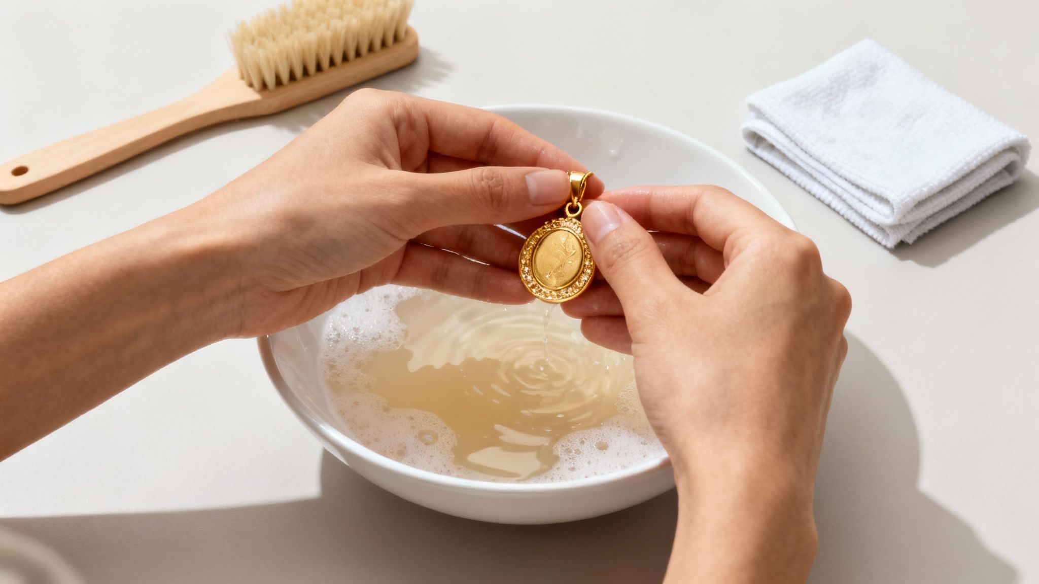 A tarnished gold ring soaking in a bowl of soapy water for cleaning.