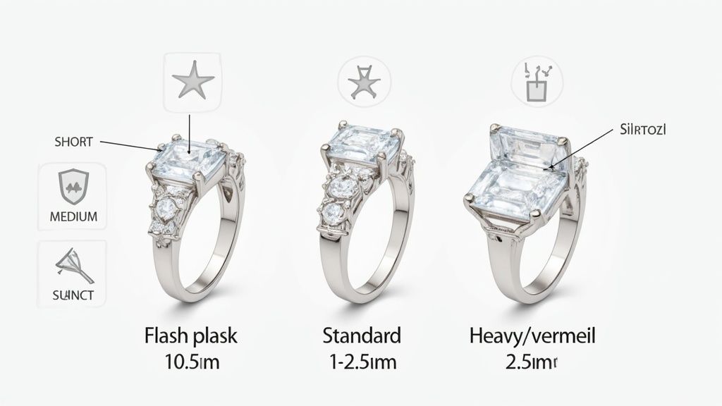 Three silver rings showcasing different plating types: flash, standard, and heavy, with various stone settings.