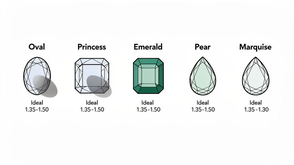 An image showing five ideal diamond cuts: Oval, Princess, Emerald, Pear, and Marquise, with their ideal ratio ranges.
