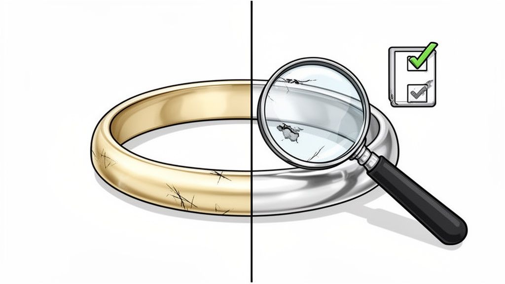Illustration of a damaged gold ring, showing scratches on yellow gold and magnified cracks on white gold.