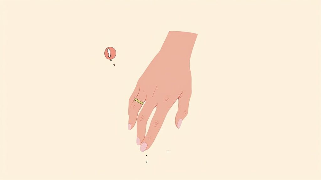 A cartoon hand wearing a simple golden ring on the ring finger, with a red exclamation mark floating above.