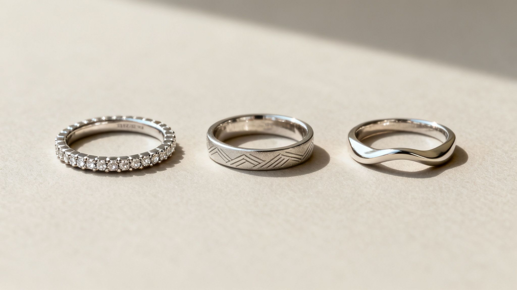 A collection of uniquely shaped and styled wedding rings on a soft surface