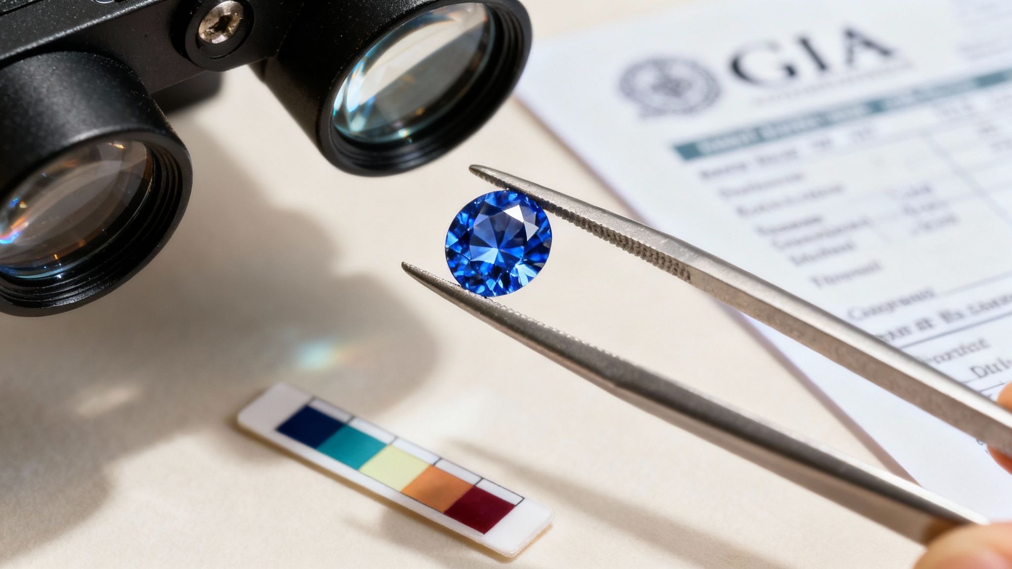 A close-up of a blue sapphire gemstone being held by tweezers, showing its intricate facets and deep colour.