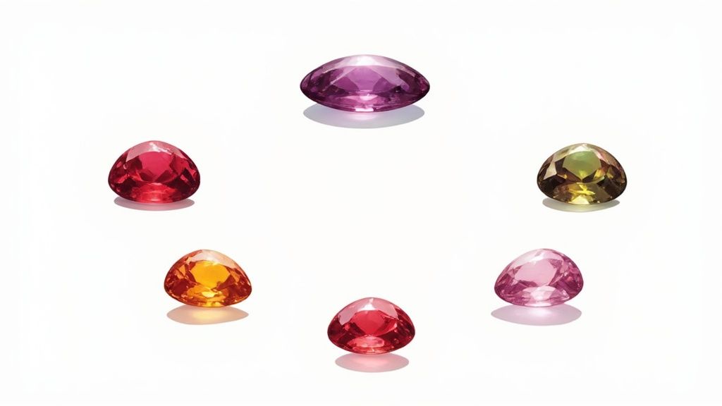Six vibrant cushion-cut gemstones in pink, red, purple, orange, and green, arranged circularly on white.