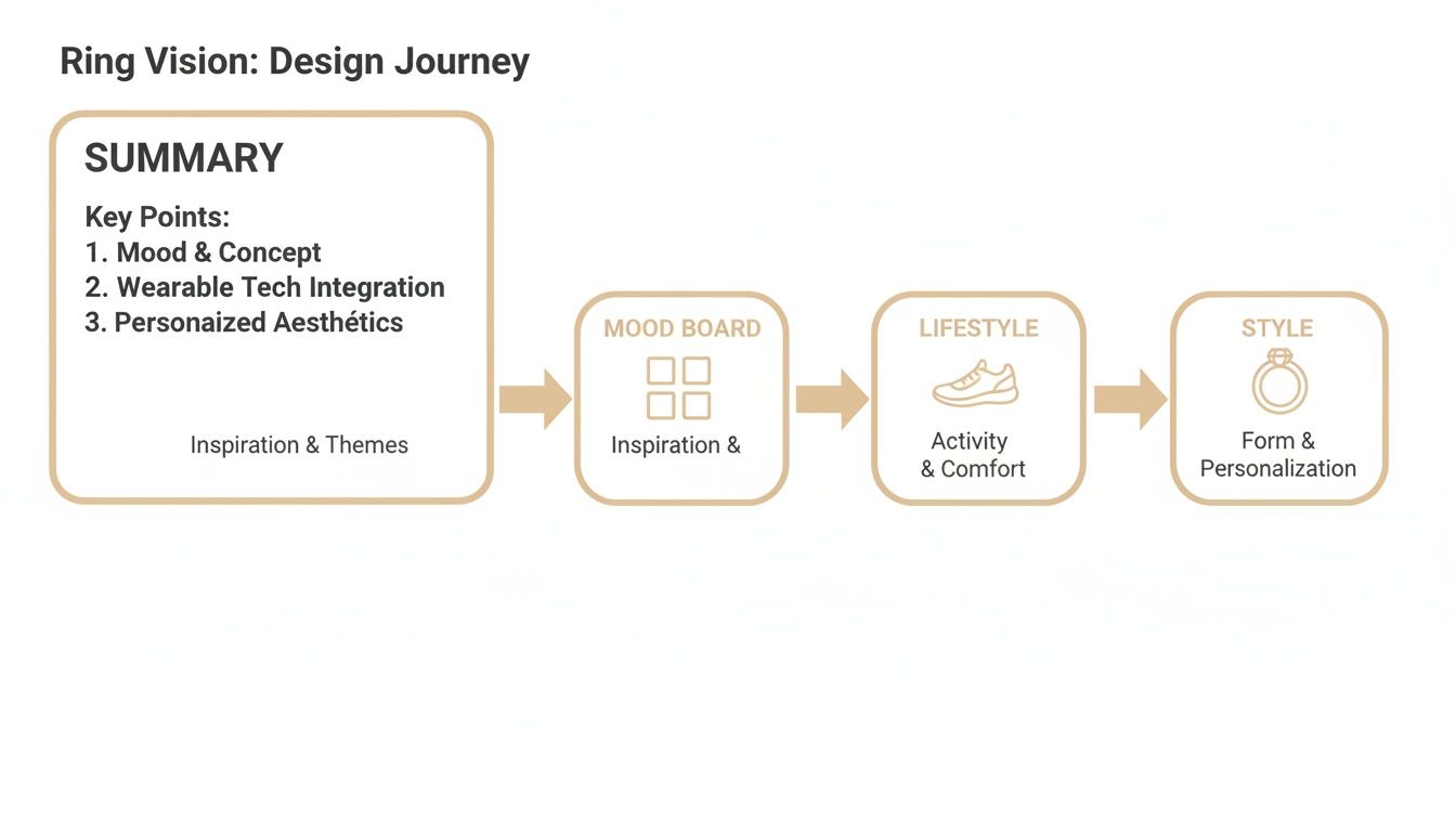 A flow chart illustrating the 'Ring Vision: Design Journey' with stages: Summary, Mood Board, Lifestyle, and Style.