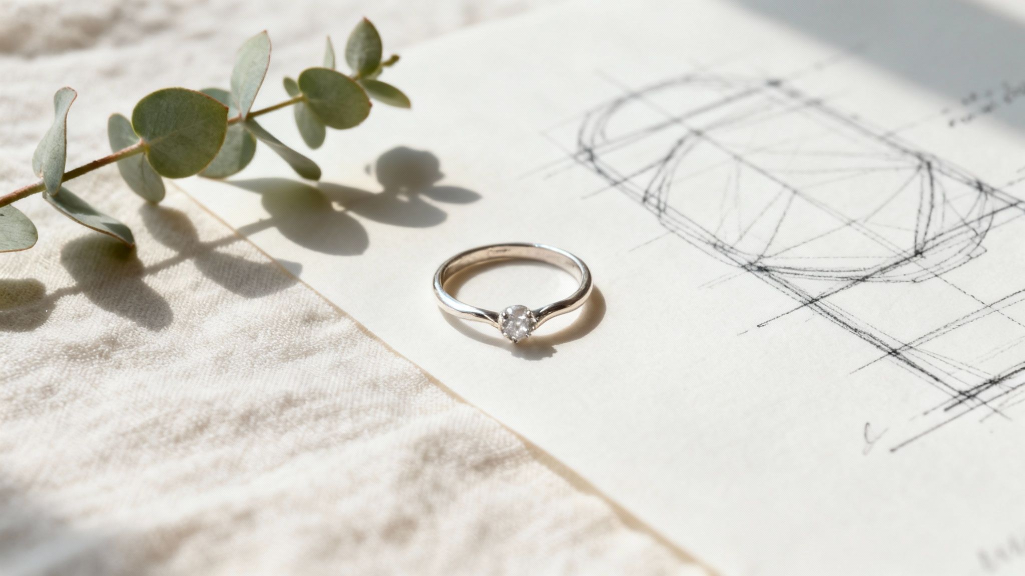 A bespoke engagement ring being held in its box, showcasing its intricate design and central diamond.