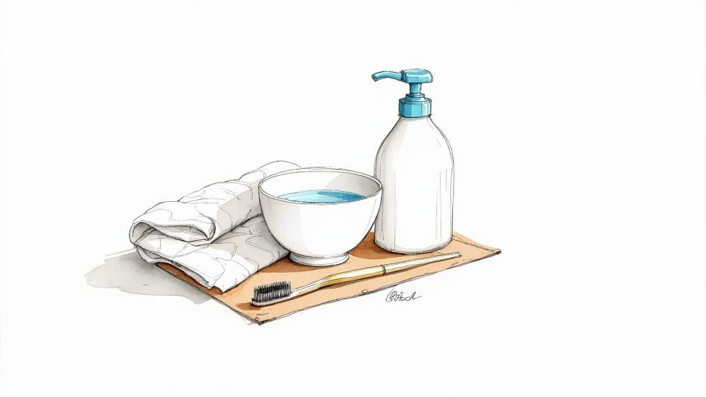 A collection of simple ring cleaning tools including a bowl, soft toothbrush, and cloths