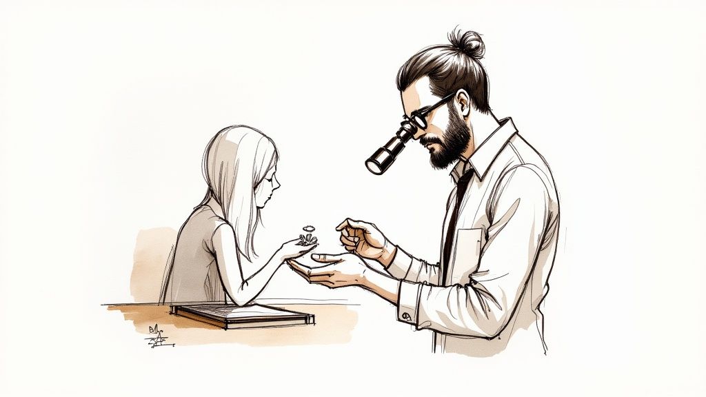 A jeweller presenting a sparkling clean ring to a customer over the counter.