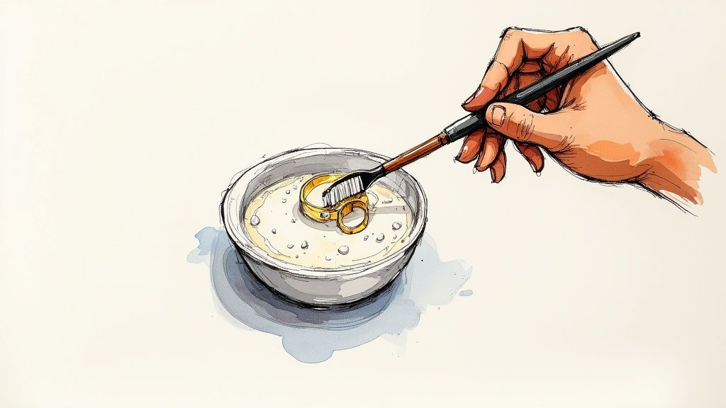 A gold ring soaking in a bowl of soapy water
