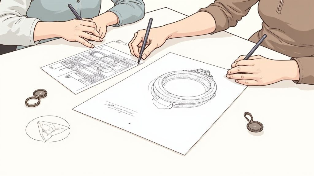 Three people collaborating on custom engagement ring design sketches at table with technical drawings