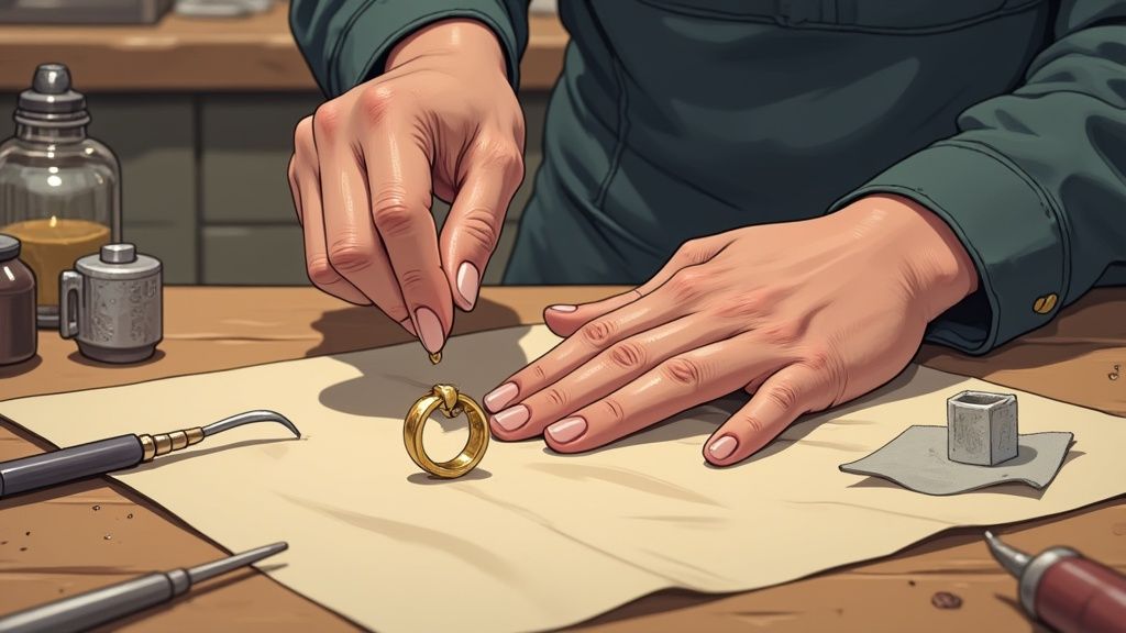 Jeweler hands carefully crafting custom gold engagement ring on workshop table with tools