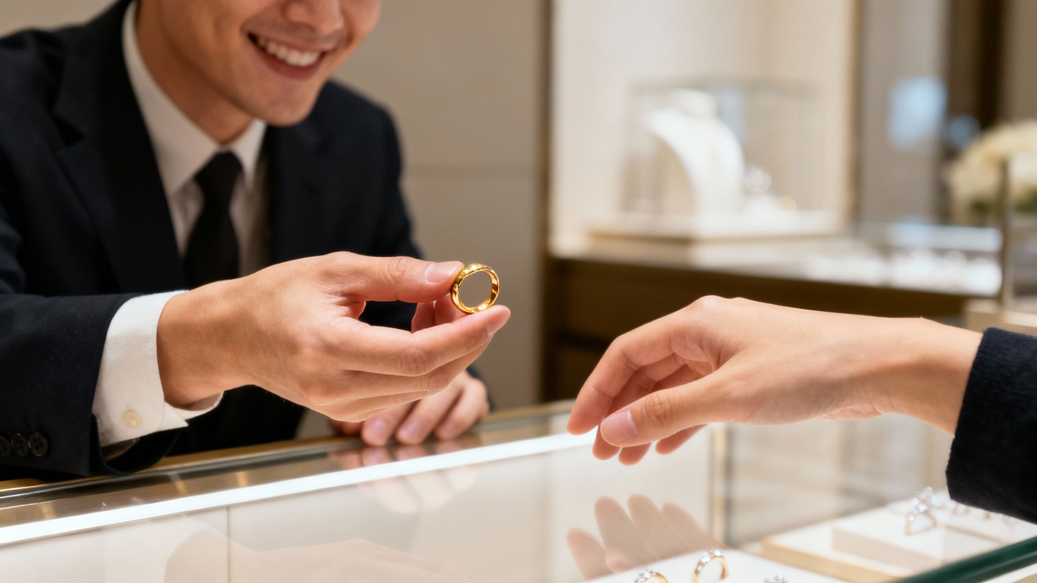 A jeweller carefully working on resizing a gold ring in a workshop
