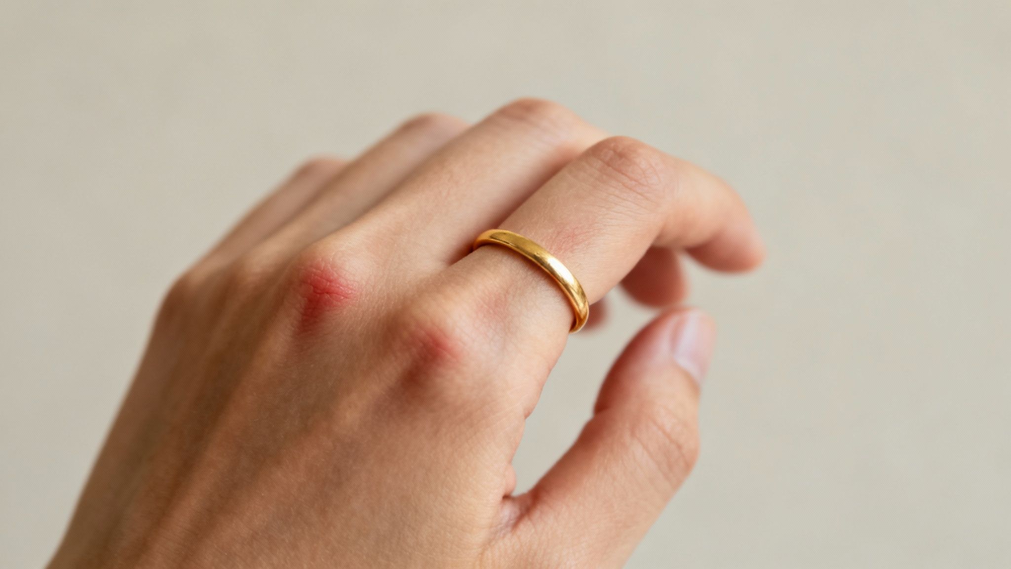 A close-up shot of a jeweller carefully measuring a person's finger to determine the correct ring size.