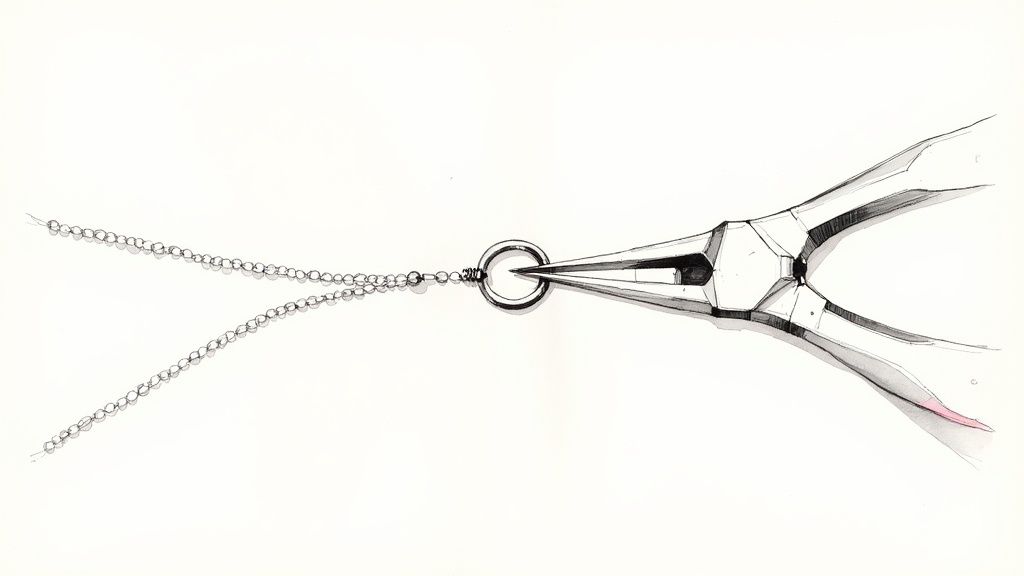Two pairs of pliers holding a jump ring on a necklace chain.