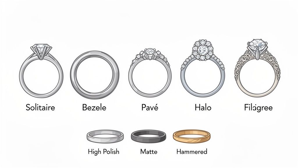 Illustration showing various ring styles including solitaire, pavé, halo, and band finishes like matte and hammered.