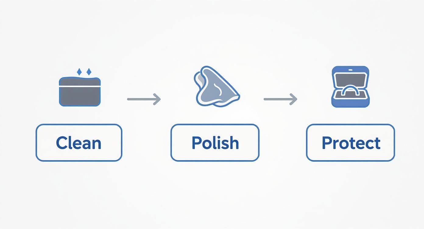 Infographic showing the three steps of polishing a ring: Clean, Polish, Protect