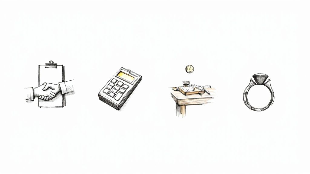 A detailed view of a jeweller inspecting a ring with a loupe, symbolising the consultation phase of the repair process.