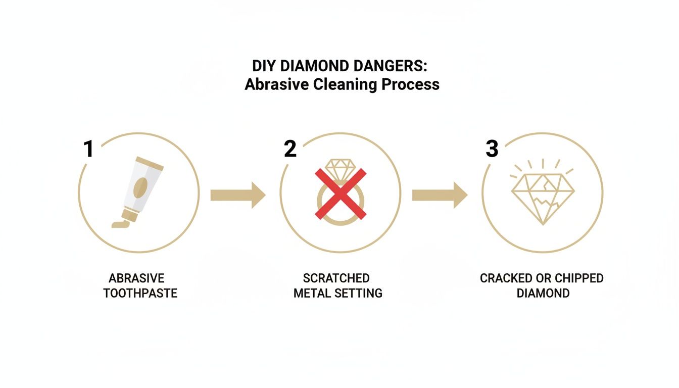 Infographic warns against using abrasive toothpaste to clean diamonds, causing scratched metal settings and cracked diamonds.