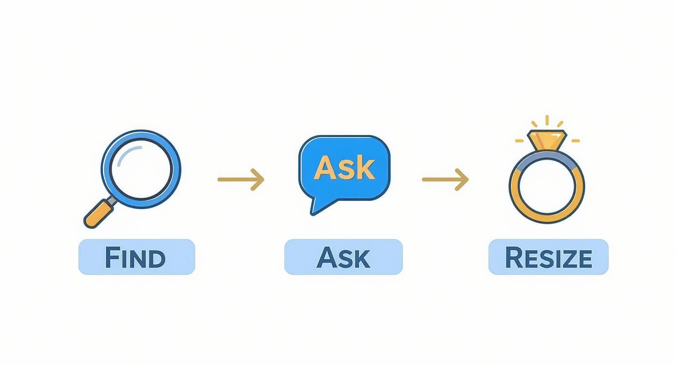 A three-step process with icons: magnifying glass (Find), speech bubble (Ask), and diamond ring (Resize).