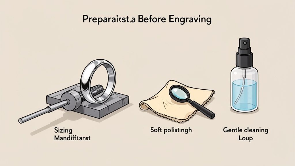 Tools for preparing a ring before engraving: a sizing mandrel, a magnifying glass on a cloth, and a cleaning spray bottle.