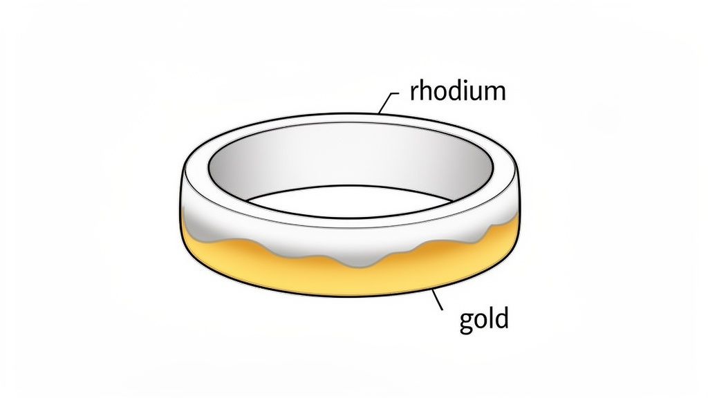 A diagram of a gold ring with a rhodium plating, labeled to show both metals.