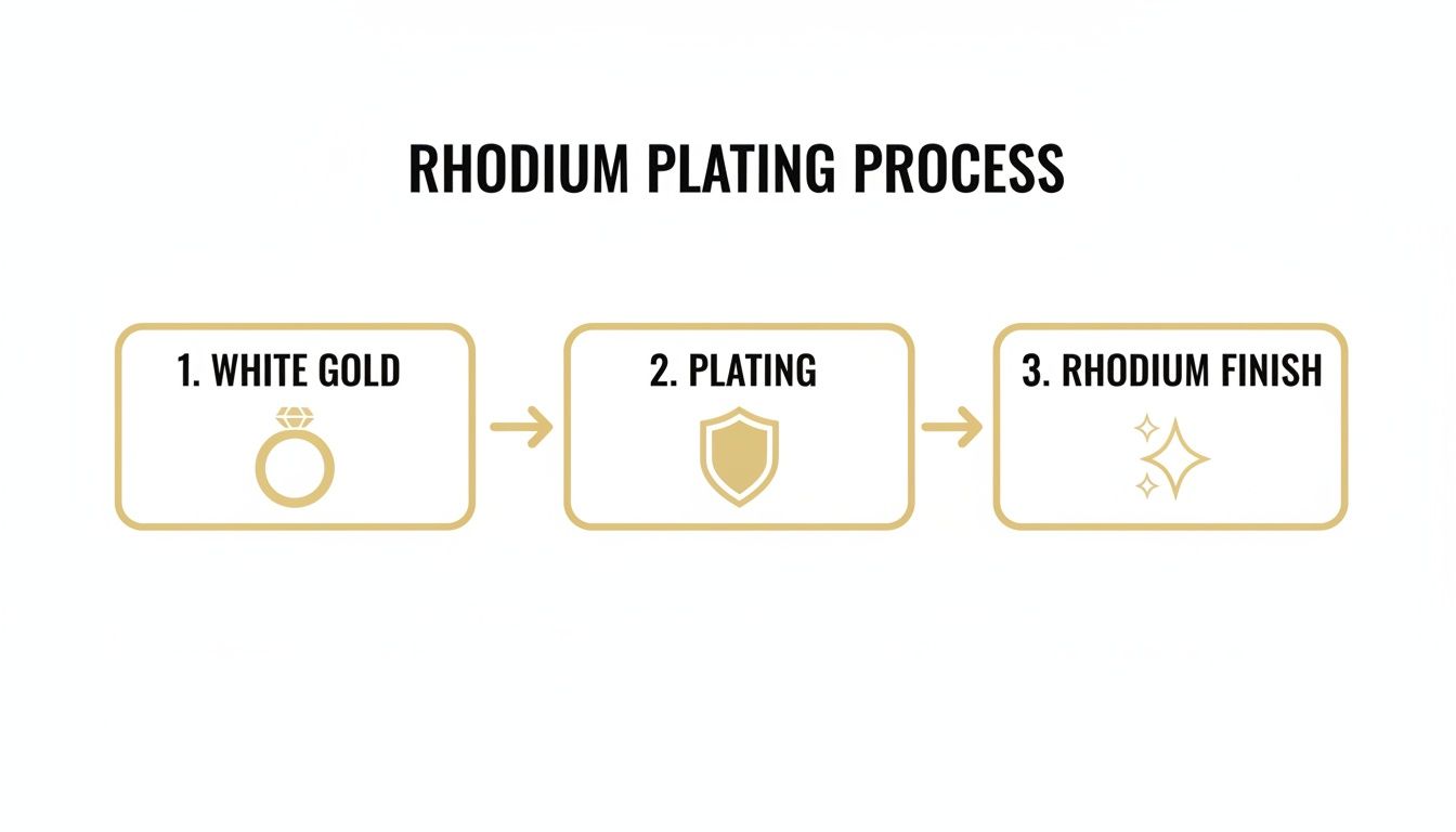 Diagram showing the rhodium plating process for white gold: from white gold, through plating, to a rhodium finish.