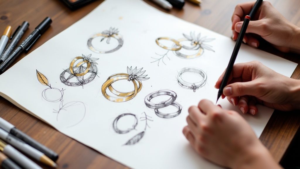 A jeweller carefully examining a collection of rings, symbolising the design and inspiration phase.