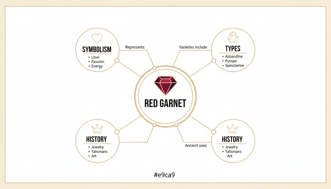 Infographic on Red Garnet, outlining its symbolism, types like almandine, and historical uses.