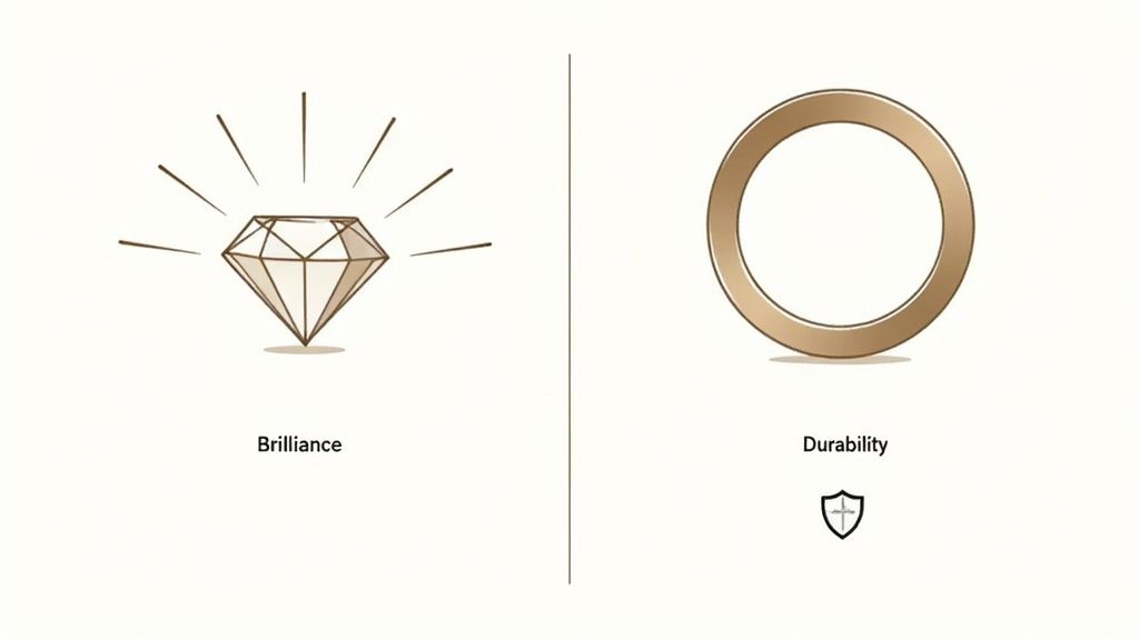 Diamond with sparkle lines representing brilliance next to gold ring band showing durability