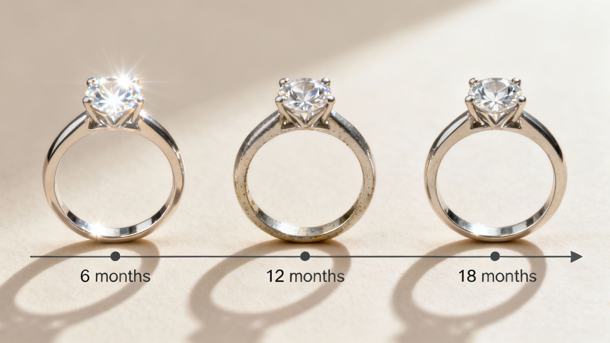 A close-up shot of a brilliantly shining rhodium-plated engagement ring on a finger.