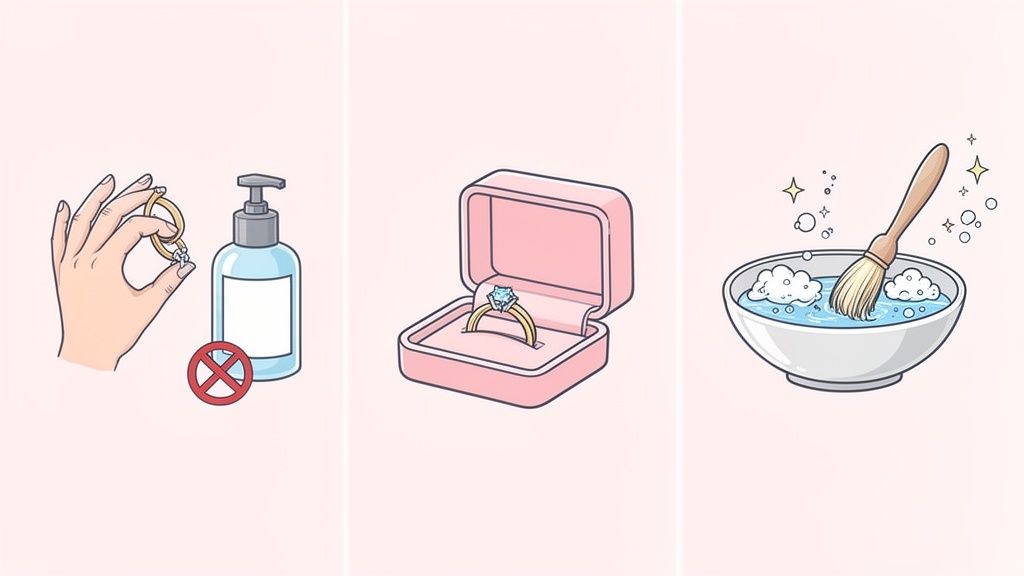 Illustration showing three steps of jewelry care: avoiding sanitizer, proper storage, and cleaning.